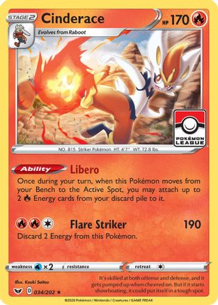 Cinderace - 034/202 (Pokemon League) (34) Reverse Holofoil - League & Championship Cards
