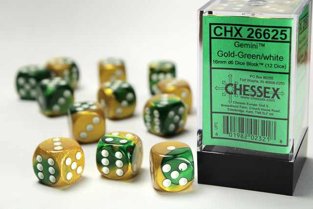 Chessex Gemini Gold-Green/White 12d6 16mm | Silver Goblin