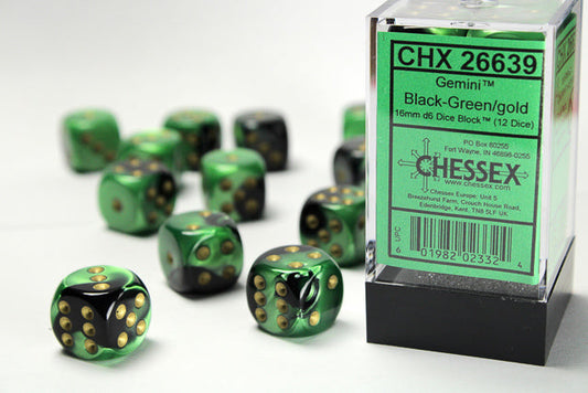 Chessex Gemini Black-Green/Gold 12d6 16mm