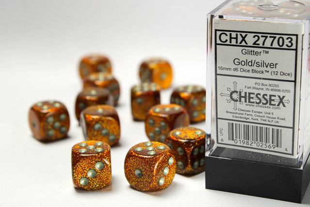 Chessex Glitter Gold/Silver 12d6 16mm | Silver Goblin