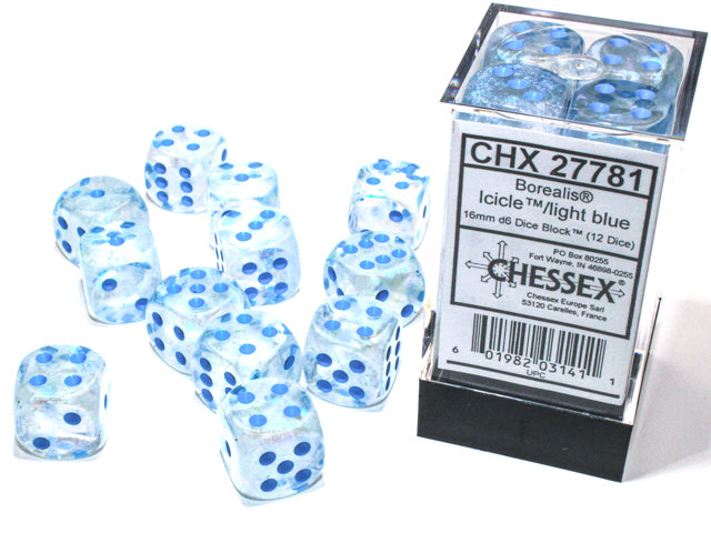 Chessex Luminary Borealis Icicle/Light Blue 12d6 16mm | Silver Goblin