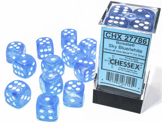 Chessex Luminary Borealis Sky Blue/White 12d6 16mm