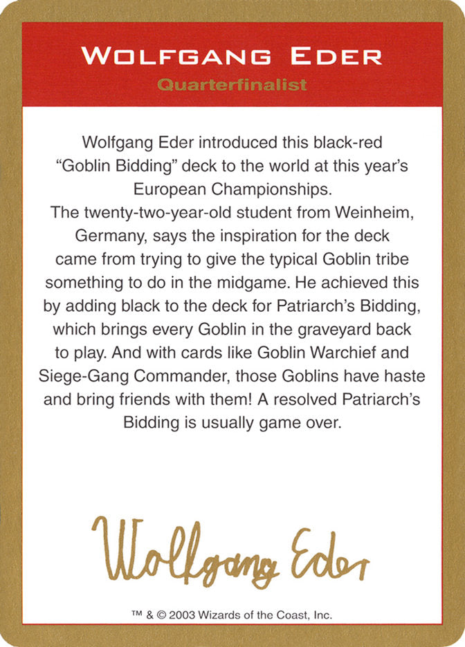 Wolfgang Eder Bio [World Championship Decks 2003] | Silver Goblin