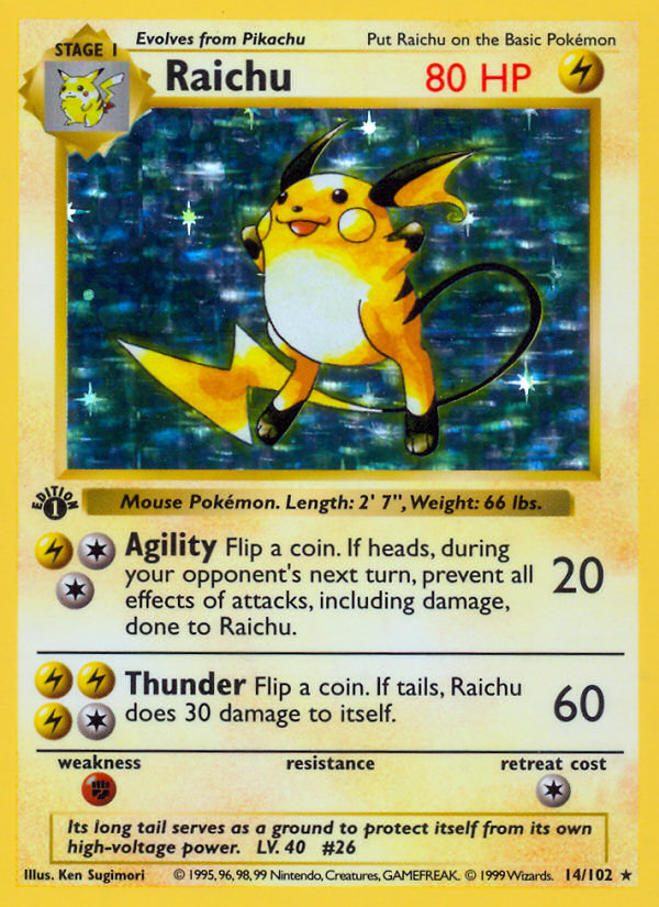 Raichu (14/102) (Shadowless) [Base Set 1st Edition] | Silver Goblin